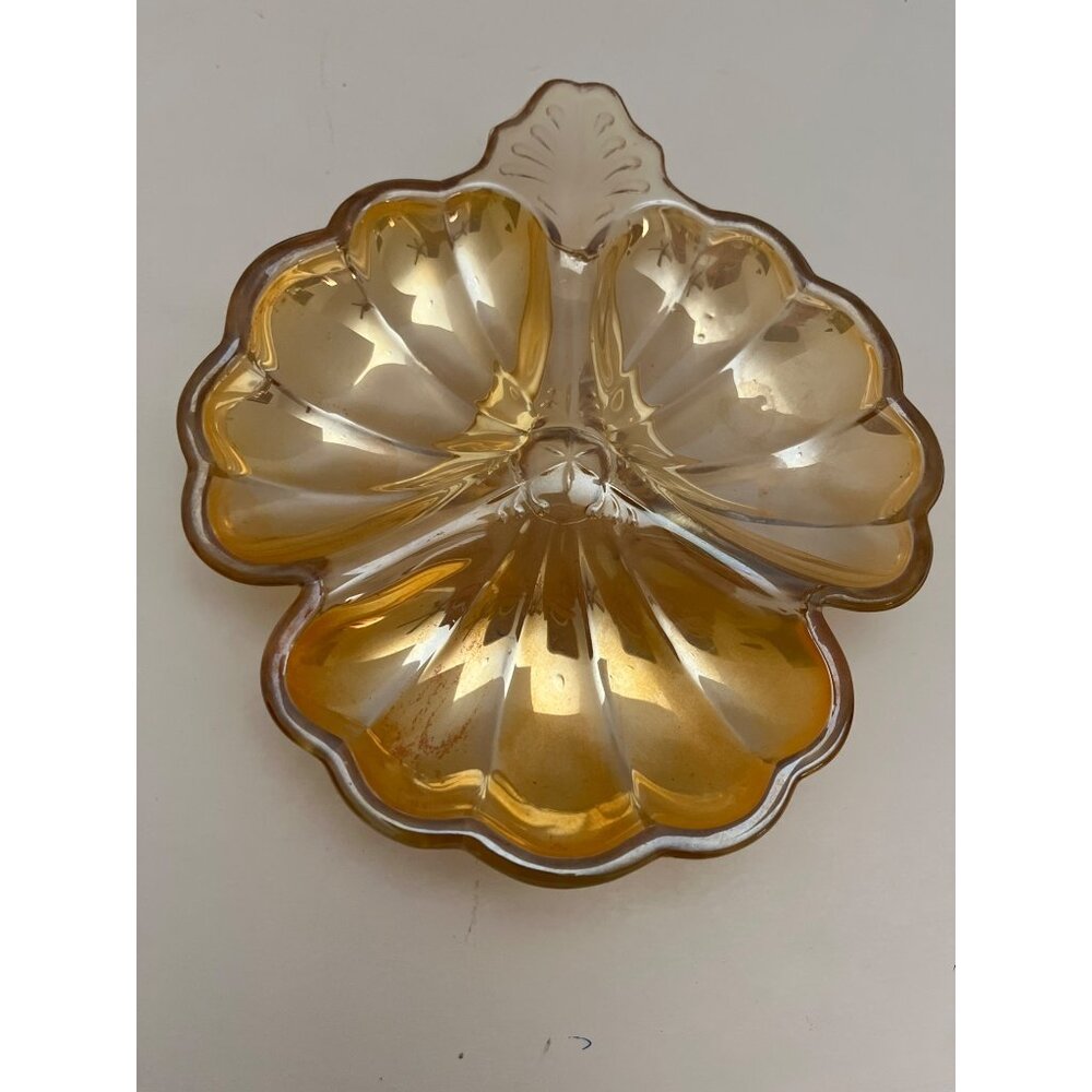 Vintage Jeanette Iridescent Marigold Leaf Clover Shell Depression Carnival Glass